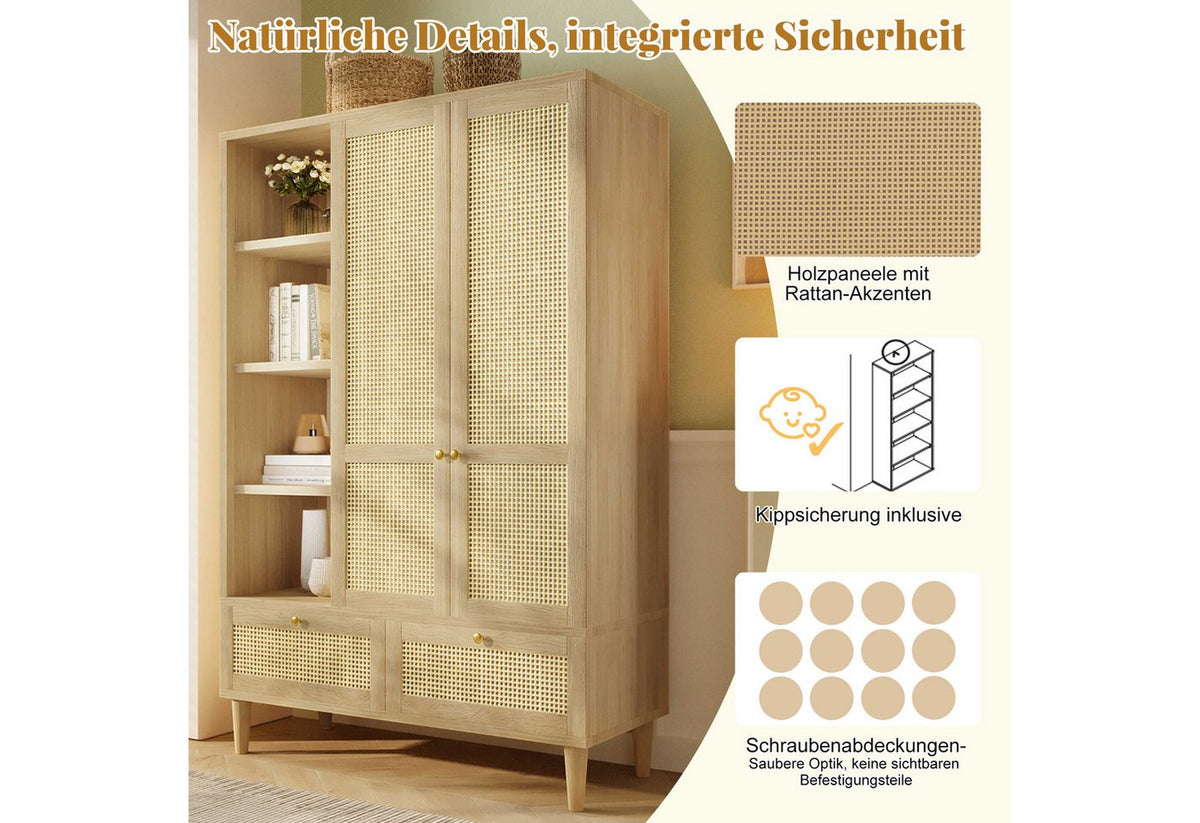 Japandi Kleiderschrank Helle Eiche mit Rattanfront und 2 Schubladen