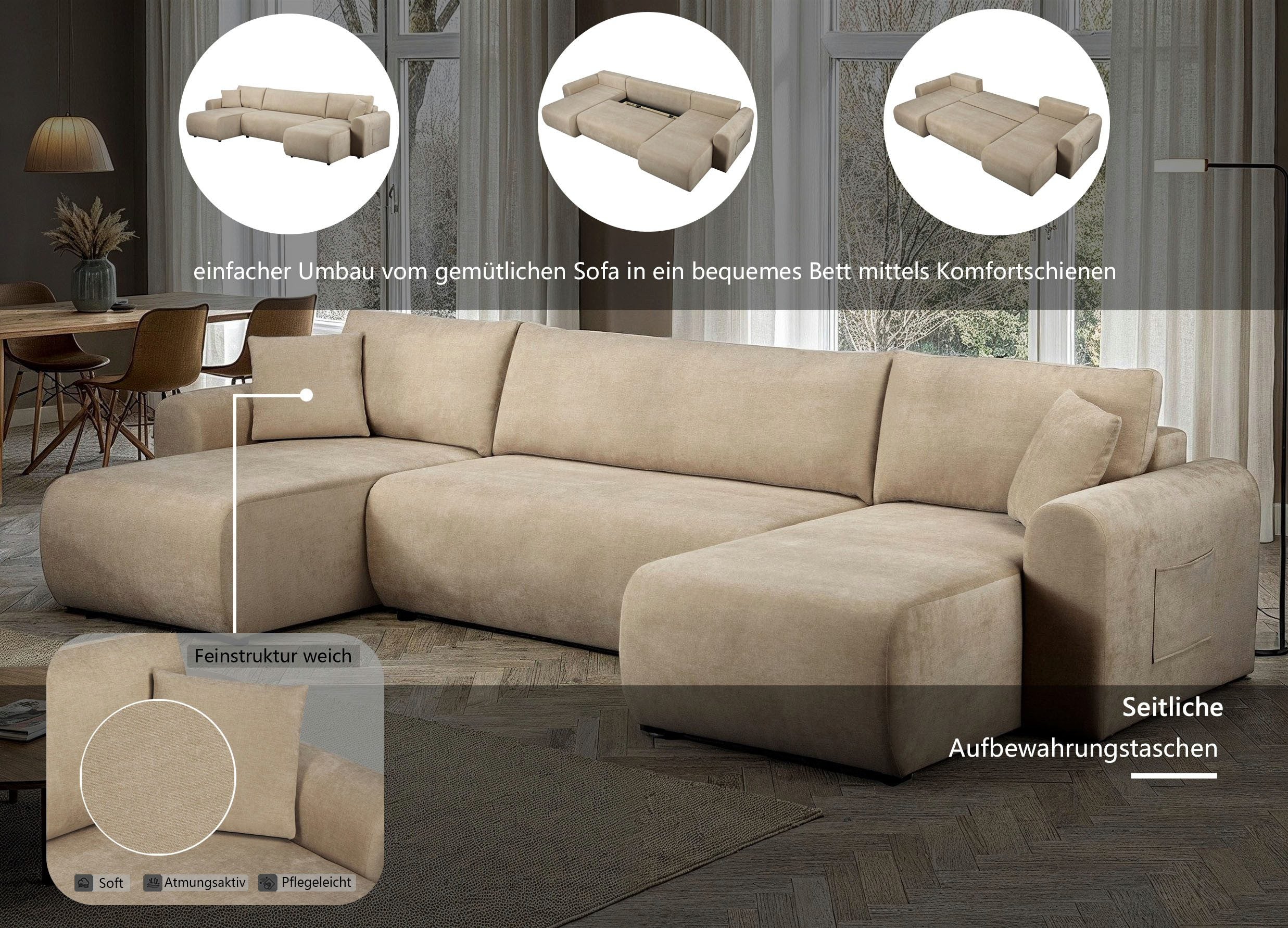 Japandi U-Wohnlandschaft Beige mit Schlaffunktion und Bettkasten
