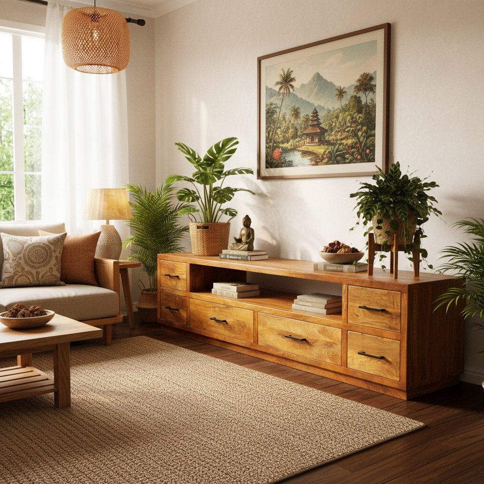 Japandi Lowboard Kastanienbraun aus massivem Mangoholz
