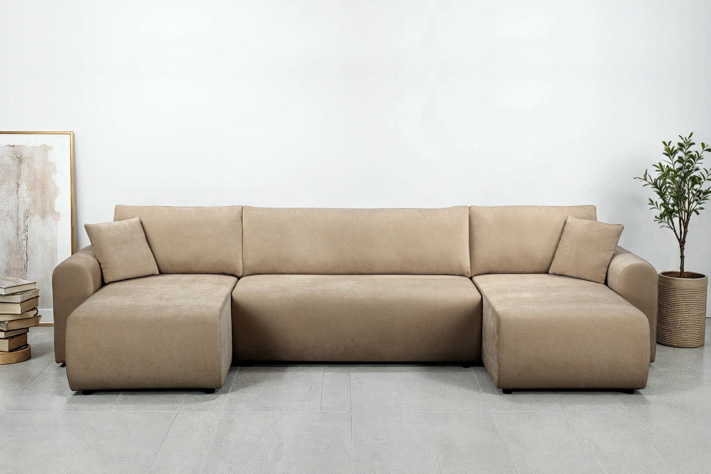 Japandi U-Wohnlandschaft Beige mit Schlaffunktion und Bettkasten