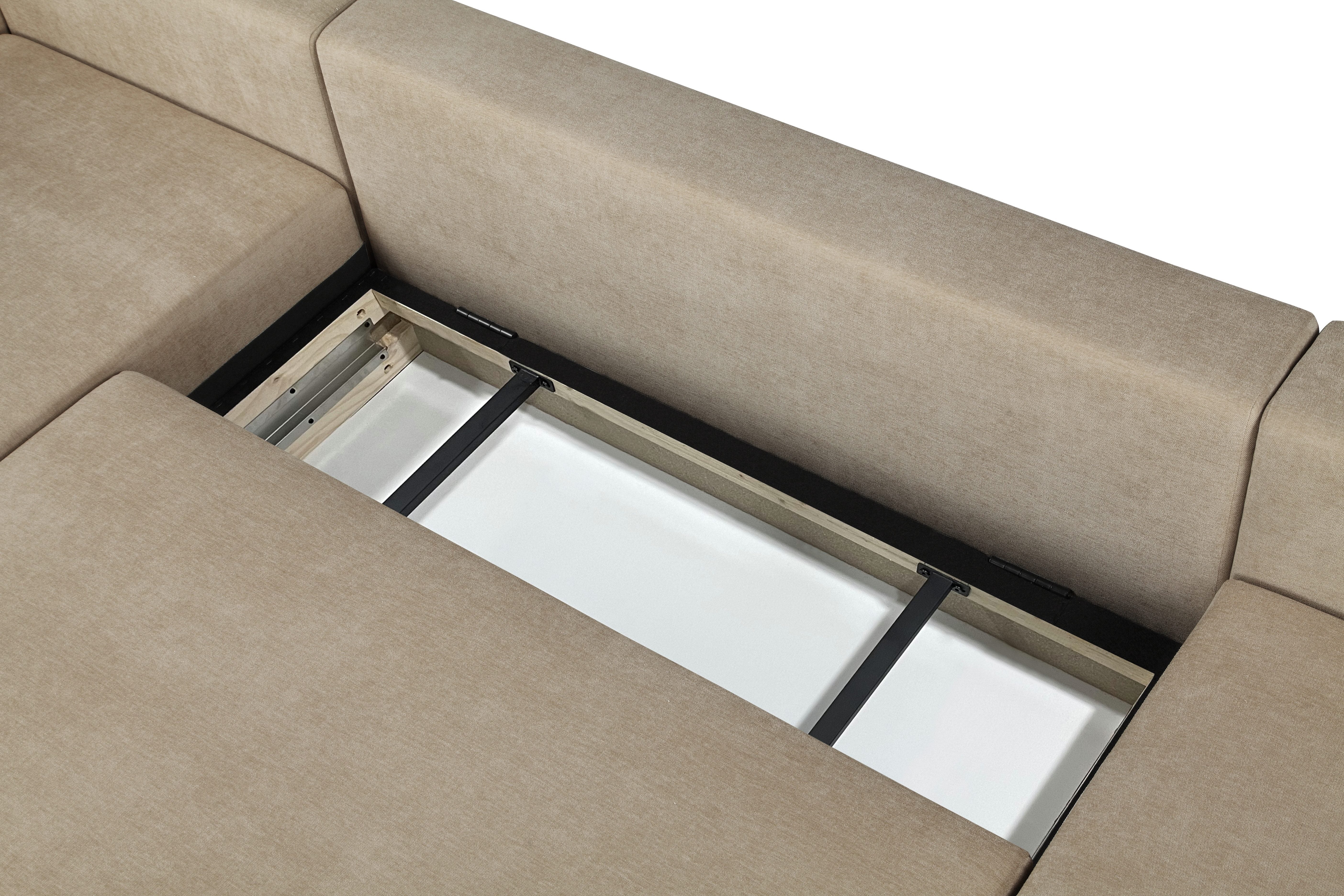 Japandi U-Wohnlandschaft Beige mit Schlaffunktion und Bettkasten