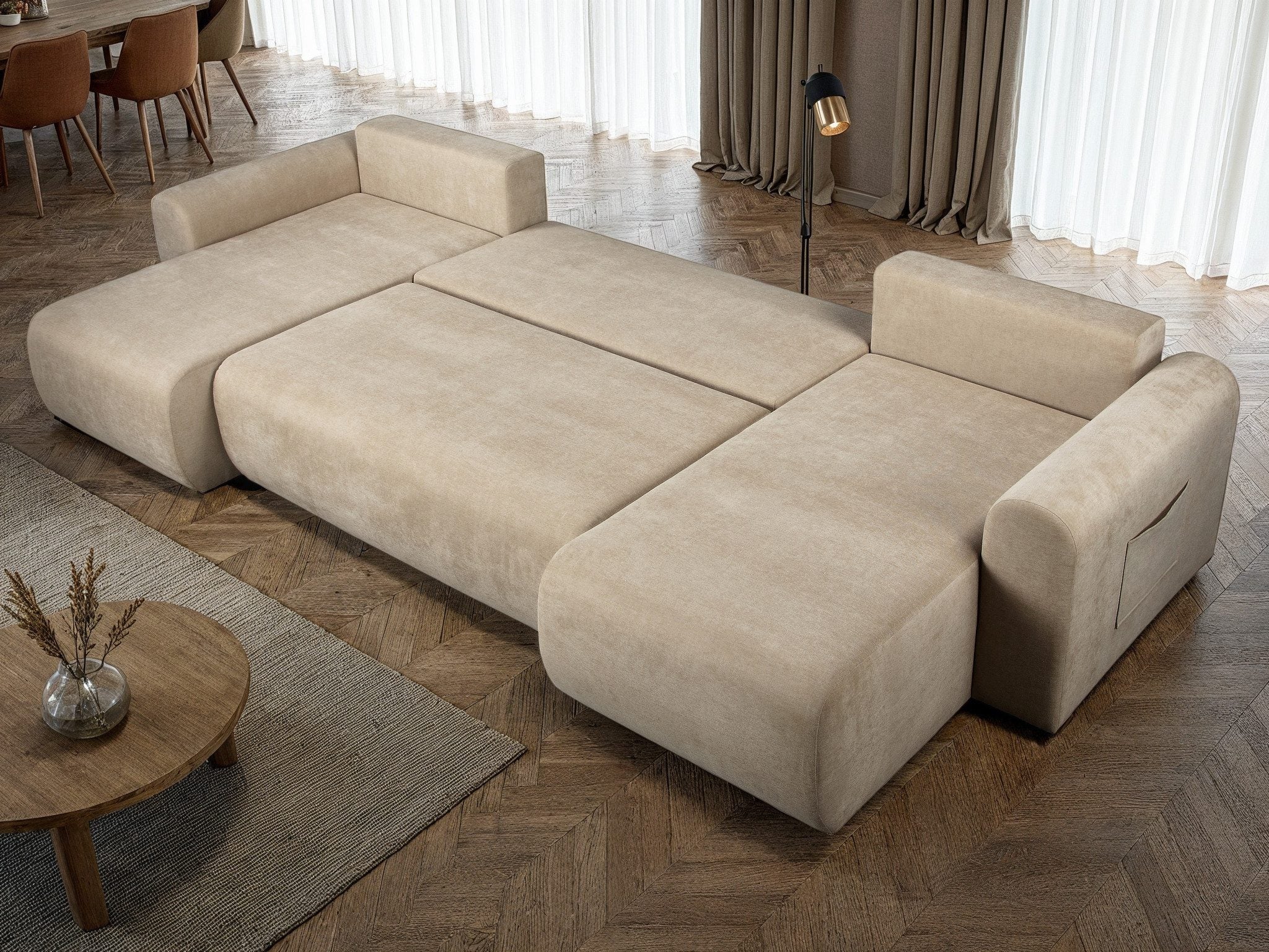 Japandi U-Wohnlandschaft Beige mit Schlaffunktion und Bettkasten