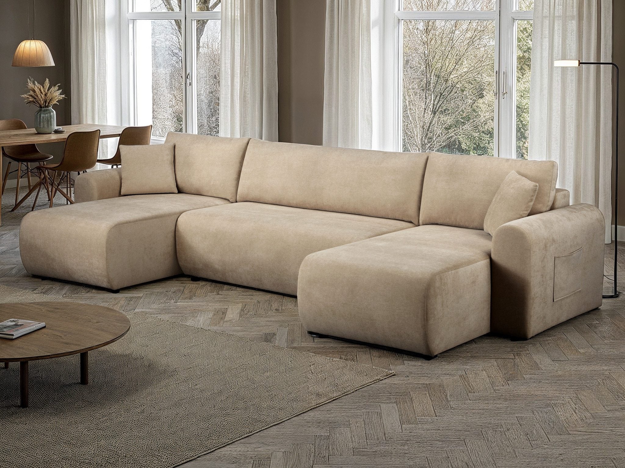 Japandi U-Wohnlandschaft Beige mit Schlaffunktion und Bettkasten