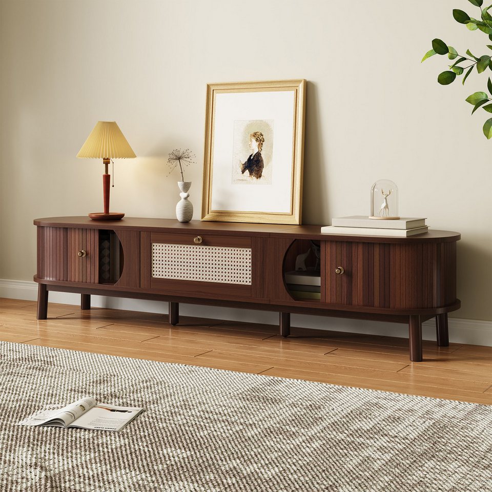 TV-Board Japandi Naturholz mit Rattan-Schubladen