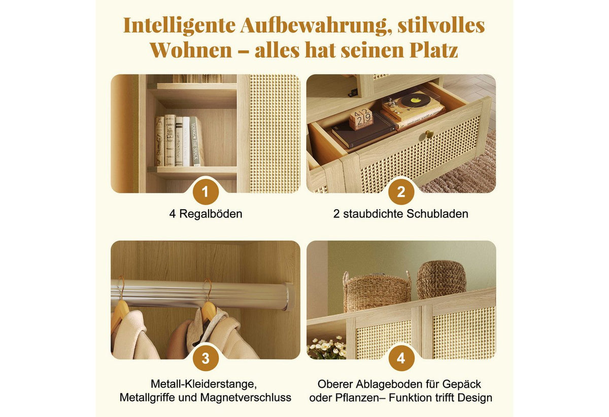 Japandi Kleiderschrank Helle Eiche mit Rattanfront und 2 Schubladen