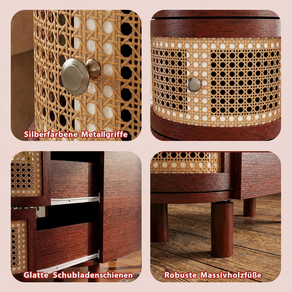 Schmaler Japandi Nachttisch mit Rattanfront