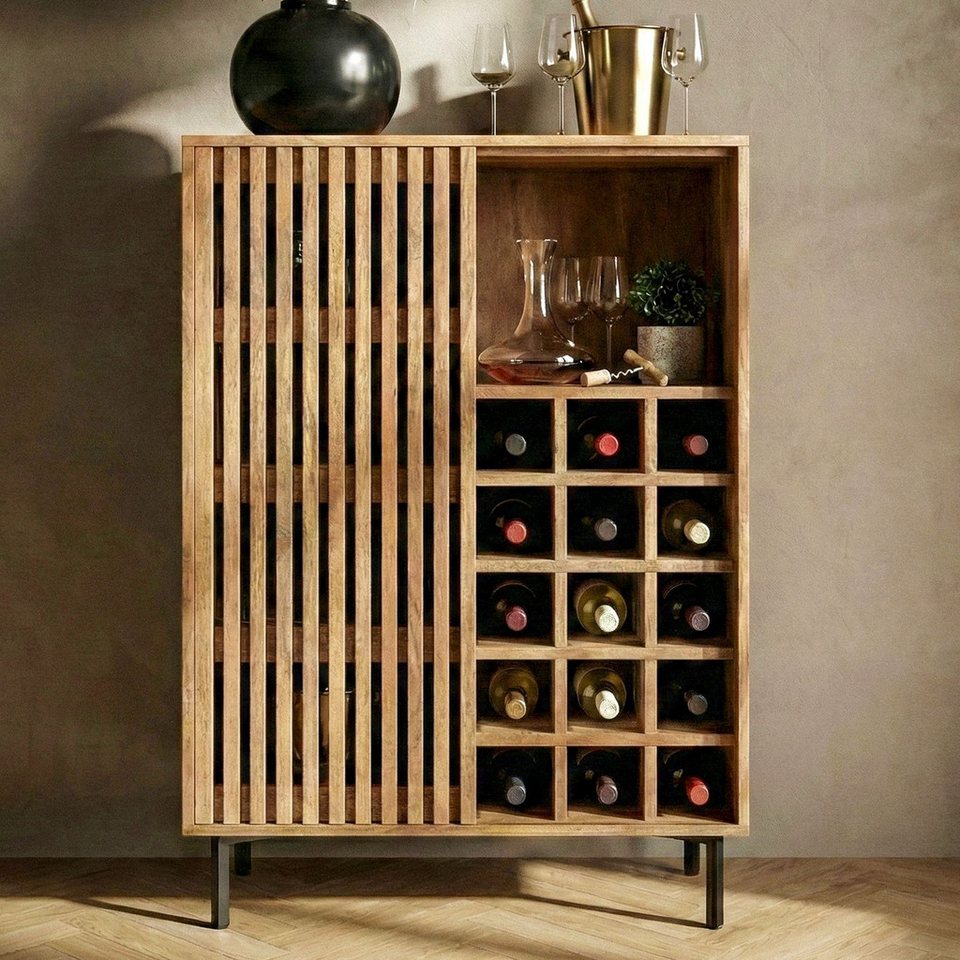 Japandi Barschrank aus Massivholz und Metall