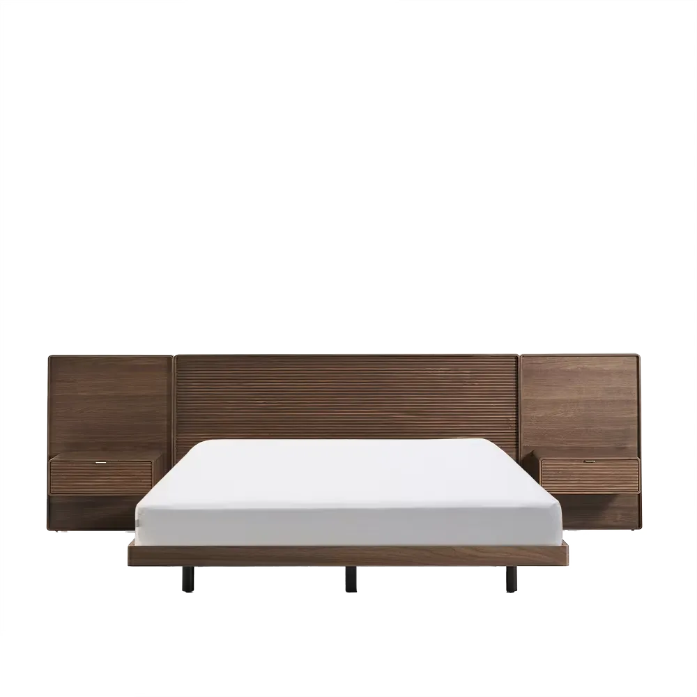 Japandi Bett aus Nussbaumfurnier mit Beistelltischen 180x200cm