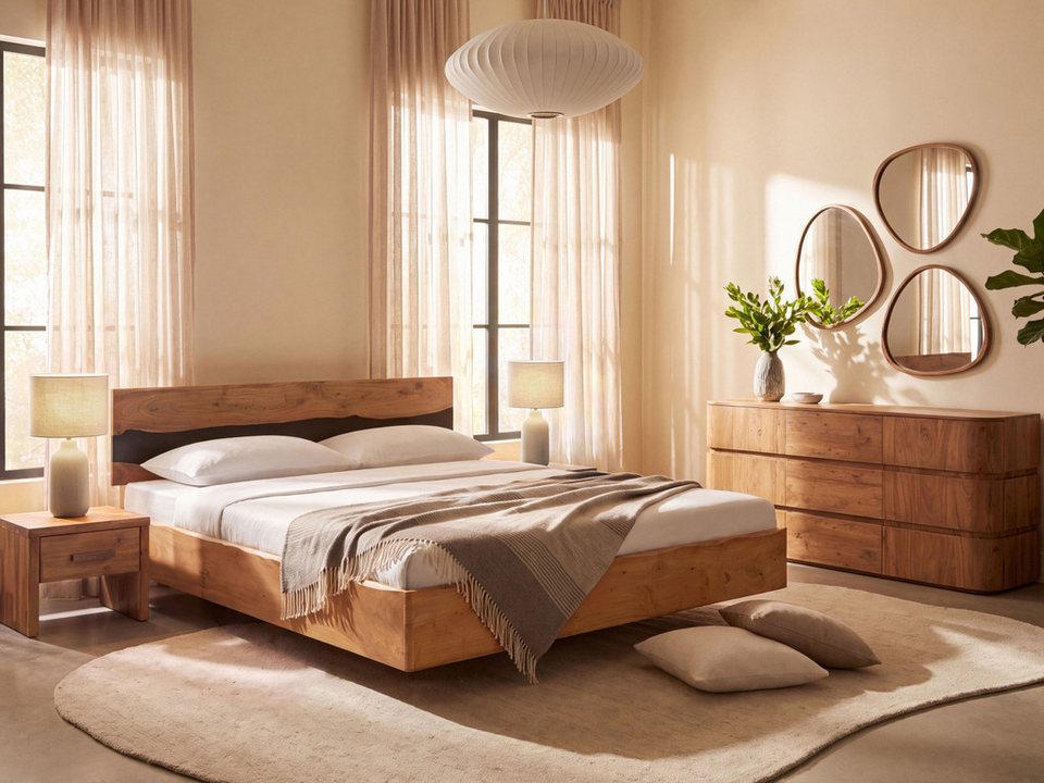 Japandi Doppelbett aus massivem Akazienholz