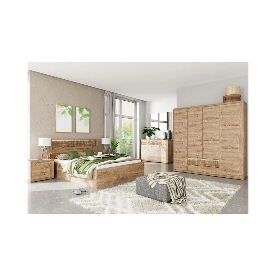 Japandi Bett in Naturholzoptik mit Bettkasten