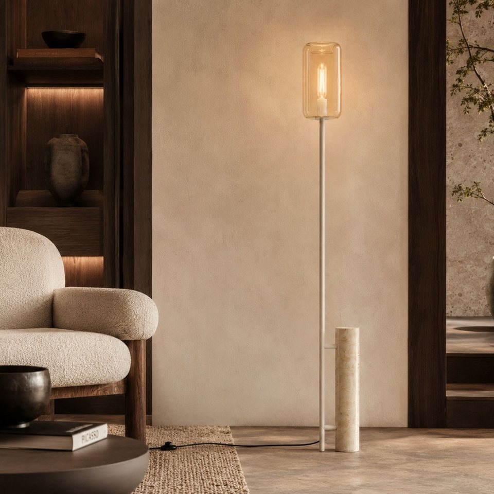 Stehlampe Japandi aus Travertin mit Rauchglas